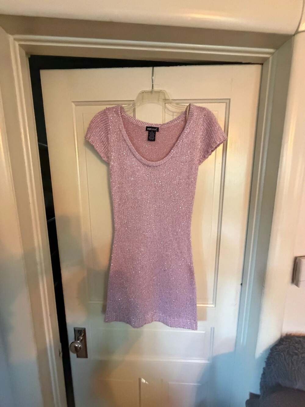 Wet Seal Short Sleeve Sweater Dress Size M Pink Sparkle Sequin Knit